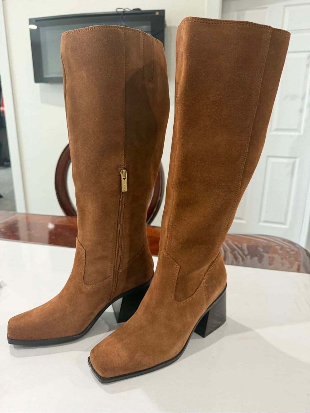 Vincen Camuto Knee-High Suede Block Heel Boots in Chestnut Brown